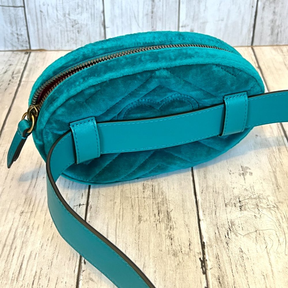 Gucci GG Marmont Authentic Monogram Floral Embroidered Teal Chevron Belt Bag NEW - Picture 7 of 15